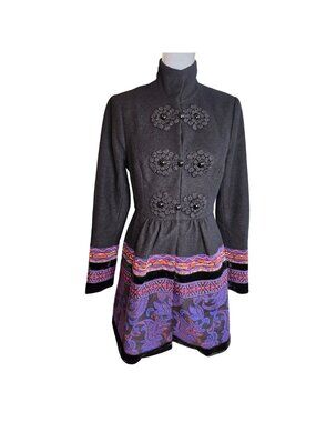 Plenty by Tracy Reese Gray Embroidered Floral Peplum Boho Jacket Anthro Sz M